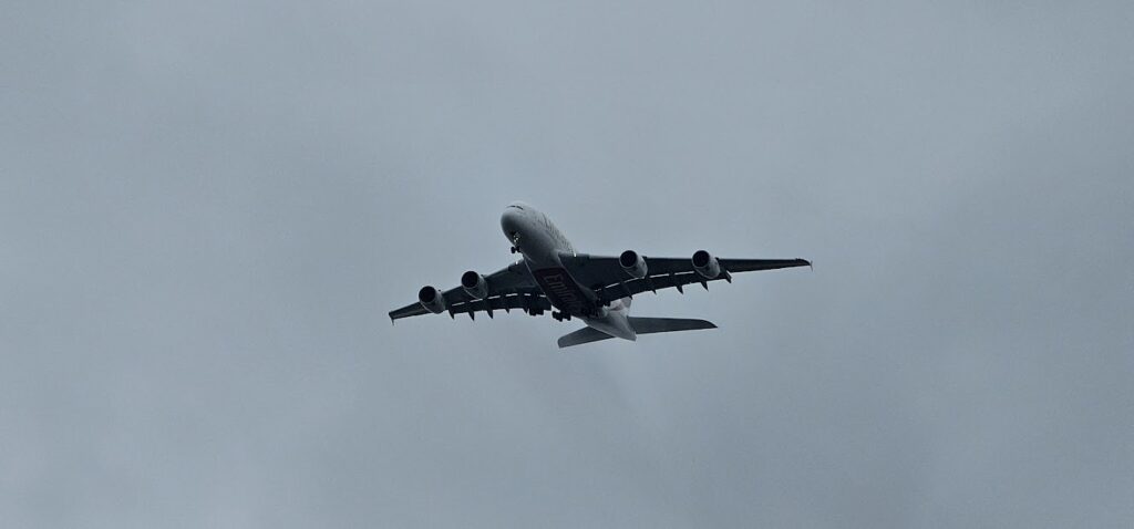 Airbus A380 flying into Manchester.